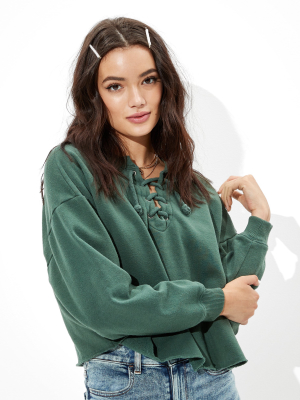 Ae Fleece Cropped Lace Up Sweatshirt