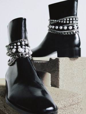 Low Heeled Pearl Chain Ankle Boots