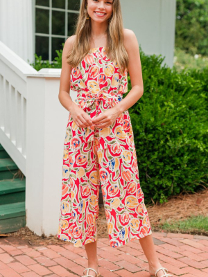 Just A Thought Coral Red Abstract Floral Jumpsuit