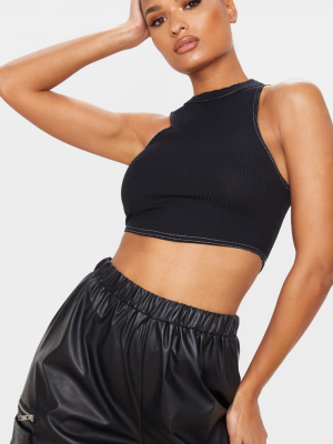 Black Contrast Seam Rib Racer Crop Top