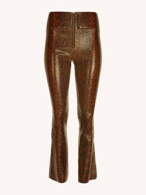 Brown Snake Embossed Ankle Flare Leather Legging