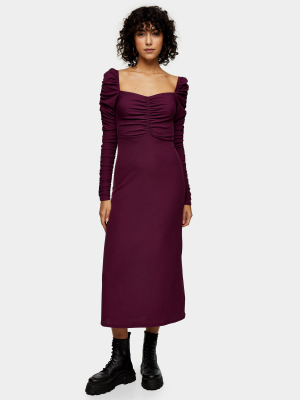 Tall Purple Ribbed Ruched Long Sleeve Midi Dress