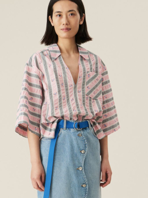 Ganni Cotton Seersucker Oversized Blouse Pink Nectar