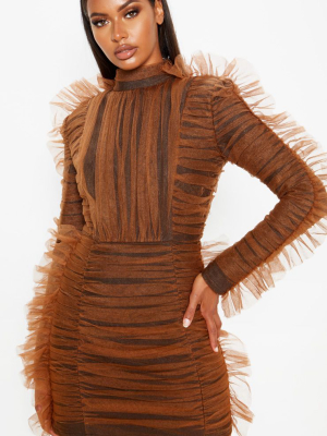 Brown Bandage Chiffon Frill Bodycon Dress