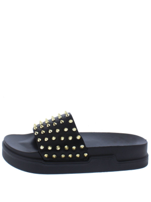 Anne211 Black Studded Open Toe Flat Slide Sandal