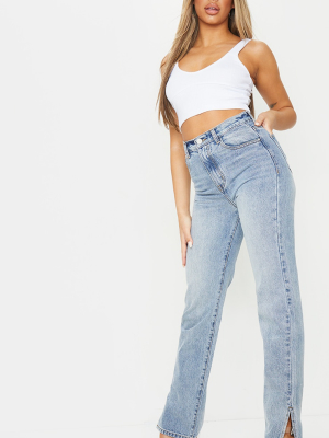 Vintage Wash Long Leg Split Hem Straight Jeans