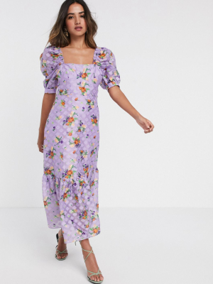 Asos Design Textured Organza Maxi Dress In Floral Print