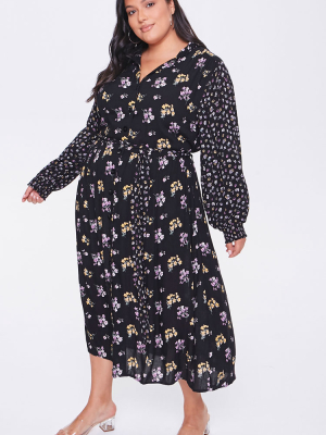 Plus Size Floral Print Buttoned Dress