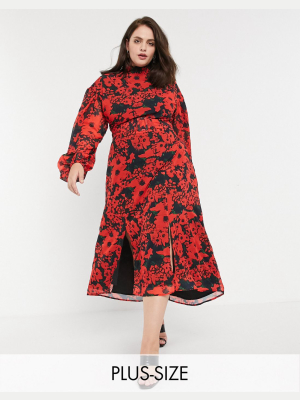 Hope & Ivy Plus High Neck Belted Midaxi Dress With Open Back In Vibrant Poppy Print