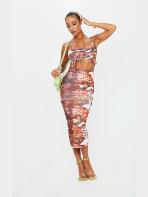 Multi Printed Slinky Double Ruched Bust Cut Out...