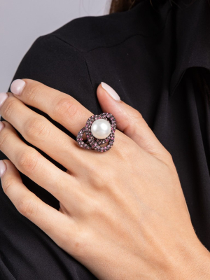 Multi Pink Crystal And Pearl Center Swirl Ring