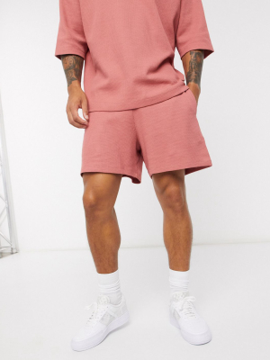 Asos Design Two-piece Jersey Waffle Oversized Shorts In Pink