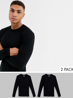 Asos Design 2 Pack Muscle Fit Long Sleeve T-shirt With Crew Neck