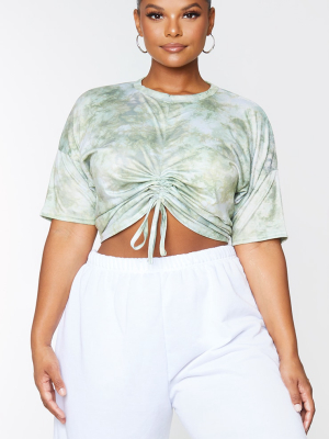 Plus Green Tie Dye Ruched Detail Crop T Shirt