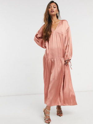 Asos Design Satin Tiered Trapeze Midi Smock Dress In Dusky Pink