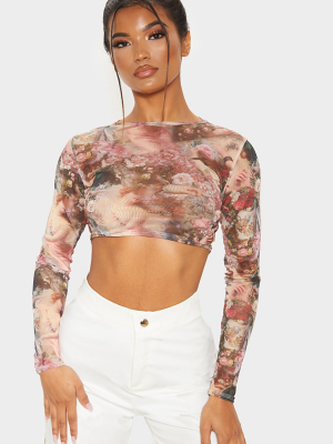 Rose Renaissance Printed Mesh Long Sleeve Crop Top