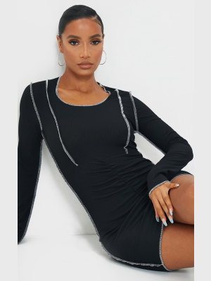 Black Ribbed Stitch Detail Ruched Long Sleeve...