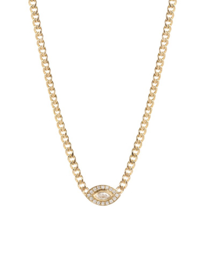 14k Small Curb Chain Diamond Halo Necklace With A Marquise Diamond Eye