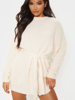 Cream Soft Touch Belted Knitted Sweater Dress