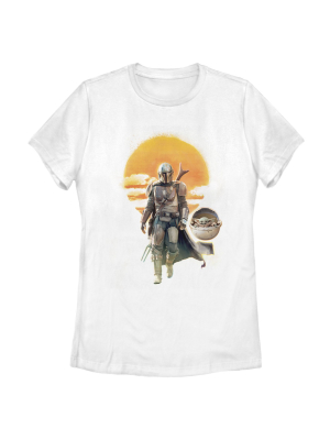 Women's Star Wars The Mandalorian The Child And Mando Walking Sunset T-shirt