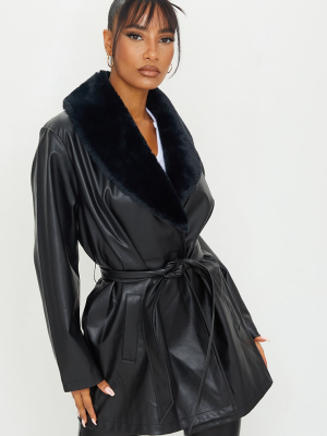 Black Pu Contrast Faux Fur Belted Short Jacket