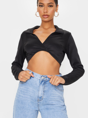 Black Scuba Twist Front Cropped Shirt