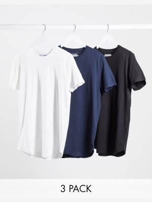 Jack & Jones Originals 3 Pack Longline Curved Hem T-shirt In Multi