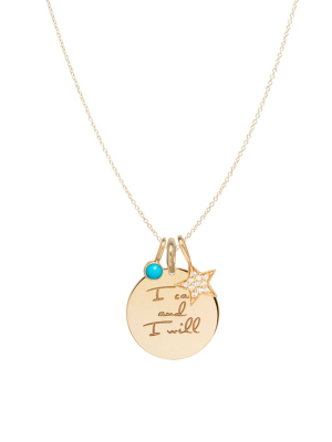 14k Gold I Can And I Will Mantra Charm Necklace With Star And Turquoise