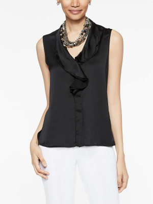 Waterfall Ruffle Crepe De Chine Blouse, Black