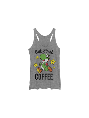 Women's Nintendo Yoshi First Coffee Racerback Tank Top