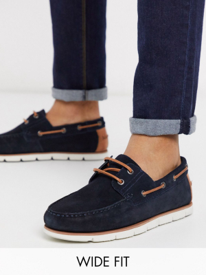 Asos Design Wide Fit Boat Shoes In Navy Suede With White Sole