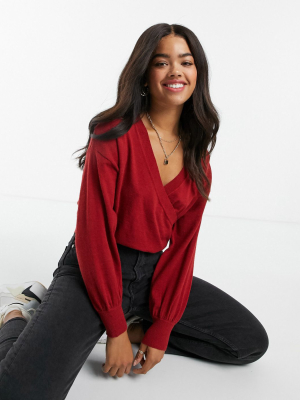 Asos Design Wrap Sweater In Burgundy