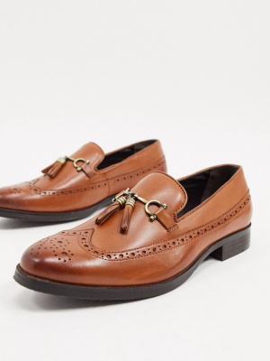 Asos Design Brogue Loafers In Tan Leather With Gold Snaffle And Tassel