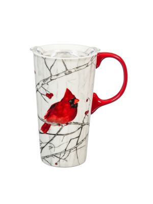 Cypress Home Beautiful Perching Cardinal Ceramic Travel Cup With Tritan Lid And Matching Box - 4 X 5 X 7 Inches Indoor/o
