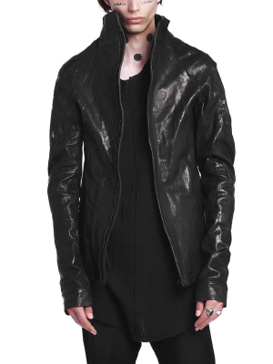 Funnel Neck Textured Leather Jacket