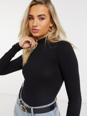 New Look Ribbed High Neck Backless Bodysuit In Black