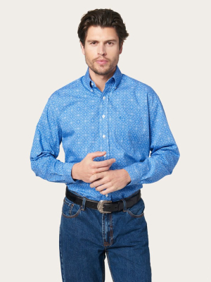 Blue Poplin Print Western Shirt