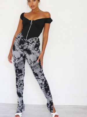 Petite Black Ribbed Tie Dye Split Hem Leggings