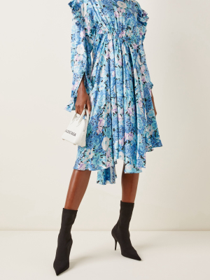 Asymmetric Floral Silk Satin Midi Dress