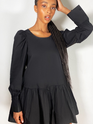 Black Puff Sleeve Pleated Smock Dress