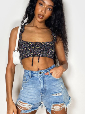 Multi Floral Frill Keyhole Tie Crop Top