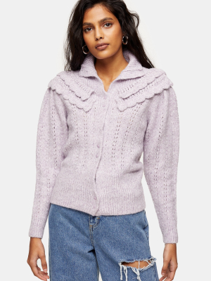 Lilac Frill Pointelle Knitted Cardigan