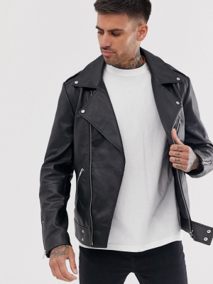 Asos Design Leather Biker Jacket In Black