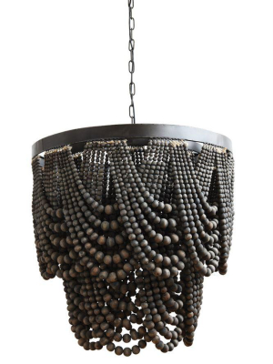 Metal & Wood Beads Chandelier W/ 3 Lights In Black