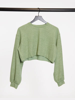 Bershka Soft Touch Ribbed Cropped Sweater In Sage Green