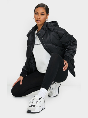 Black Satin Quilted Cuff Hem Puffer Jacket