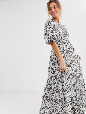 Asos Design Shirred Tiered Maxi Dress In Mono Polka Dot