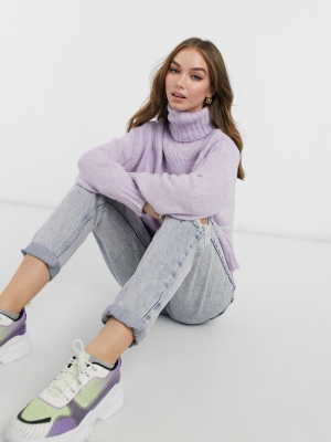 Stradivarius High Neck Cable Knit Sweater In Lilac