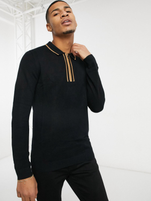 Topman Long Sleeve Polo With Tipping In Black