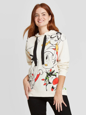 Women's Looney Tunes Ugly Holiday Hooded Graphic Sweatshirt - Off White